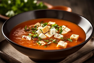 Delicious hearty tomato soup with feta and croutons