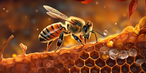Detailed macro image of a bee collecting honey in a beehive - obrazy, fototapety, plakaty