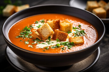 Delicious hearty tomato soup with feta and croutons - obrazy, fototapety, plakaty