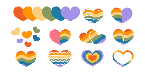 Naklejka premium Heart shapes decorative element set for lgbt pride month. Colorful heart element set. Vector illustration