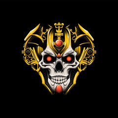golden machine skull head illustration in eps format, with multiple layers and best quality vector, suitable for sweaters, stickers, tattoos and more