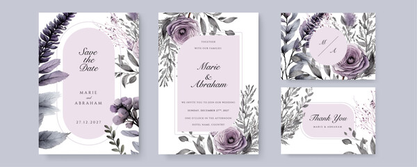 Purple rose floral flower elegant wedding invitation watercolor