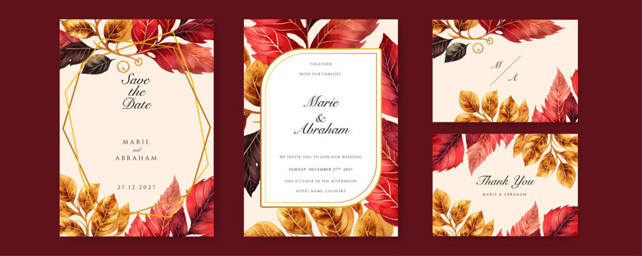 Red autumn floral flower beautiful hand drawn wedding invitation card watercolor