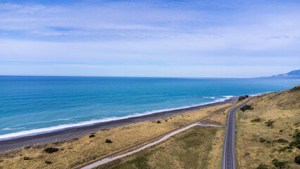 Aerial (drone) photo of black sand beach, south island, new zealand