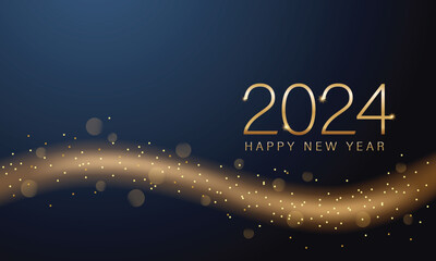 2024 New year with Abstract shiny color gold wave design element and glitter effect on dark background. For Calendar, poster design