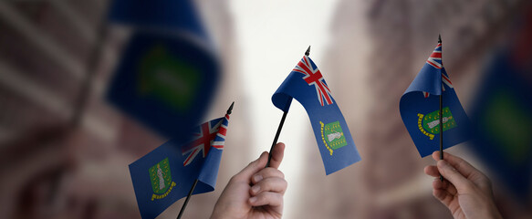 A group of people holding small flags of the British Virgin Islands in their hands