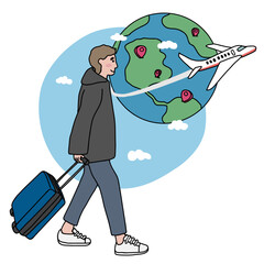 Man with luggage looking for travel around the world cartoon vector illustration minimal style