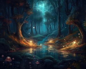 The forest at night is a magical fantasy fairy tale scenery. (Generative AI)