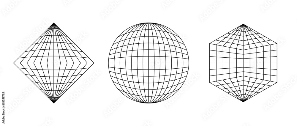 Poster Wireframe shapes. Sphere, prism, octahedron net. Geometric grid frame elements set. Outline graphic design collection. Vector