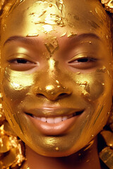 Hyper-realistic full-frame close-up portrait photography of a celebrity wearing a gold peel-off face mask, showcasing an alluring and expressive face with real skin and smiling eyes