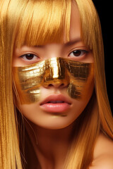 Hyper-realistic full-frame close-up portrait photography of a celebrity wearing a gold peel-off face mask, showcasing an alluring and expressive face with real skin and smiling eyes