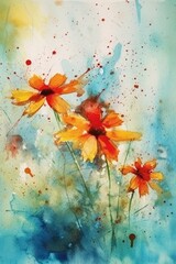 Obraz na płótnie Canvas Beautiful colorful wildflowers in a watercolor painted style, splatters, drips and paint stylized flourishes, graphic design asset, generative ai 