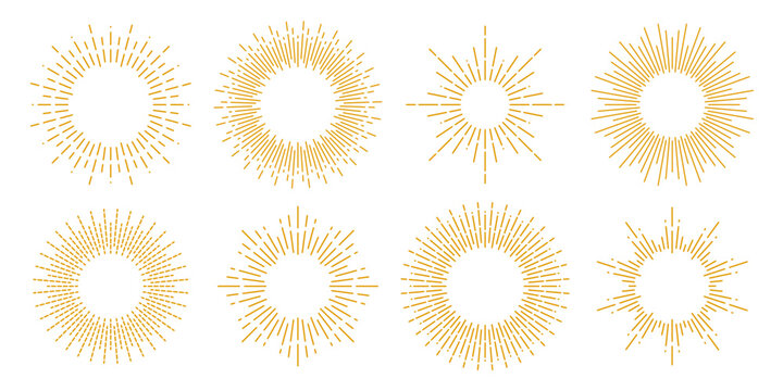 Gold sunburst frames set. Retro sun light rays element collection. Vintage golden radial rays, sunbeams, firework or explosion for emblem, logo, tag, stamp, banner, sticker. Vector design elements 