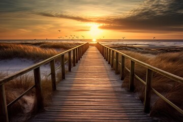 Wooden walkway at the beach in sunset made with Generative AI