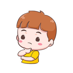 Cute kid boy  thinking cartoon character. People expression concept design. Isolated background. Vector art illustration.