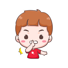 Cute kid boy show close mouth with finger pose cartoon character. People expression concept design. Isolated background. Vector art illustration.