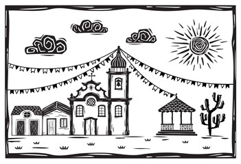 Festa Junina in northeastern Brazil. Village of houses, church and bandstand under the starry sky. Woodcut vector, cordel style - obrazy, fototapety, plakaty
