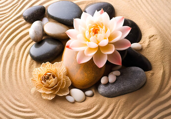 Fototapeta na wymiar Spa stones and lotus flower on zen stones background.