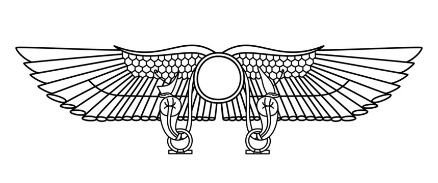 Winged Sun of Thebes. Solar symbol of divinity, royalty and power in Ancient Egypt, flanked on either side with an uraeus, a rearing cobra. Often cited as ancient representation of Nibiru or Planet X.