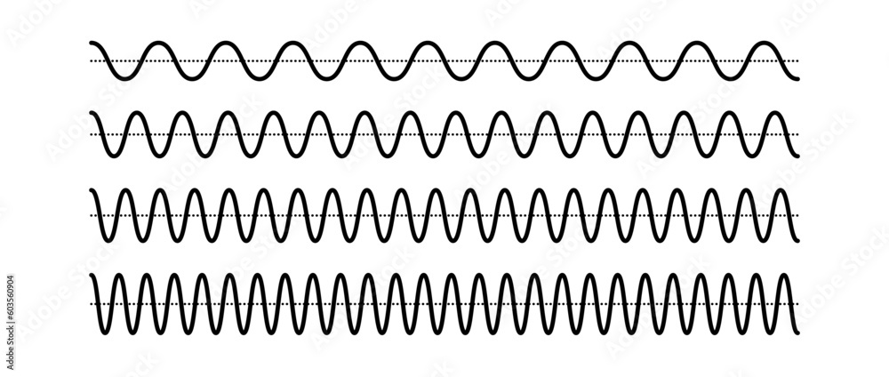 Poster Sinusoid signals set. Black curve sound waves collection. Voice or music audio concept. Pulsating signal lines pack. Electronic radio graphics with different frequency and amplitude. Vector bundle 