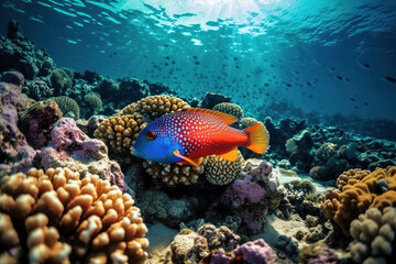 Fototapeta na wymiar Image of sea fish and corals under the sea. Sea Animals. Illustration, Generative AI.