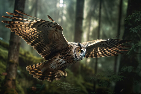 Image of an owl is flying in the forest. Wild Animals. Bird. illustration. Generative AI.