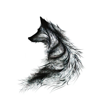 Image of a fox drawing using a brush and black ink on white background. Wildlife Animals. Illustration, generative AI.