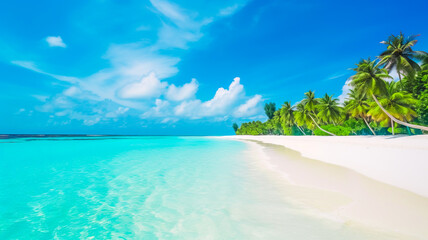 A picture-perfect scene of a tropical beach on Maldives island, with white sand, palm trees, and a vivid turquoise ocean under a blue sky with fluffy clouds. Generative Ai