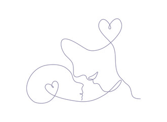 Continuous line art of a mother with a baby with heart shape symbol, mother's day concept. Llineart vector illustration.