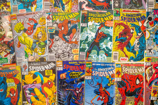 Calgary, Alberta - May 17, 2023: Covers of vintage Marvel Spiderman comics.