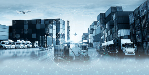 World map with logistic network distribution on background. Logistic and transport concept in front Logistics Industrial Container Cargo freight ship for Concept of fast or instant shipping