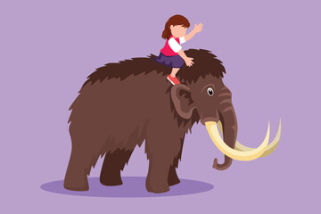 Cartoon flat style drawing bravery little girl caveman riding woolly mammoth. Pretty kids sitting on back of mammoth. Stone age children playing. Ancient human life. Graphic design vector illustration
