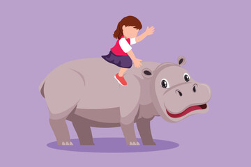 Character flat drawing pretty little girl riding hippo at amusement park. Happy child sitting on back hippopotamus in zoo. Brave kids learning to ride hippopotamus. Cartoon design vector illustration