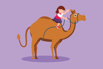 Graphic flat design drawing happy little girl riding camel in Arabian desert. Child sitting on hump camel with saddle in desert. Adorable kids learning to ride camel. Cartoon style vector illustration