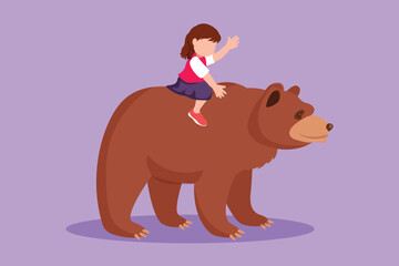 Character flat drawing happy little girl riding brown grizzly bear at zoo. Child sitting on back big bear at circus event. Pretty kids learning to ride beast animal. Cartoon design vector illustration