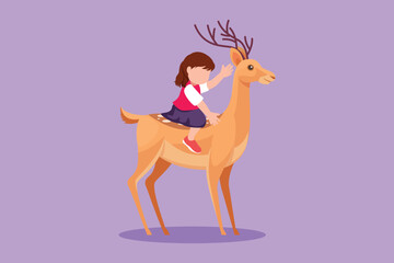Cartoon flat style drawing happy little girl riding deer in zoo. Brave child sitting on back deer with saddle in ranch ground. Pretty kids learning to ride reindeer. Graphic design vector illustration