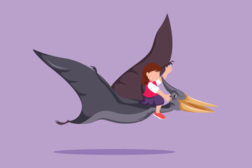 Cartoon flat style drawing cute little girl riding flying dinosaur. Pterodactyl ride with kids sitting on back of dinosaur and flying high in sky. Bravery children. Graphic design vector illustration
