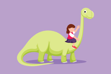 Graphic flat design drawing adorable little girl caveman riding brontosaurus. Young bravery kids sitting on back of dinosaur. Ancient human life. Stone age children. Cartoon style vector illustration