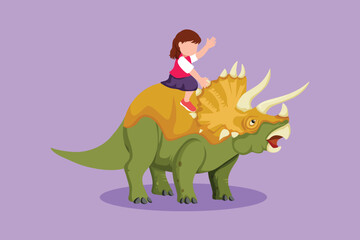 Cartoon flat style drawing bravery little girl caveman riding triceratops. Adorable kids sitting on back of dinosaur. Stone age children playing. Ancient human life. Graphic design vector illustration