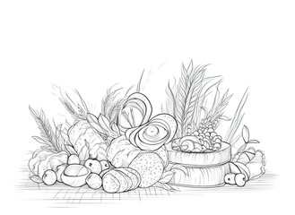 Bakery products depicted in continuous line art style with wheat ear. 