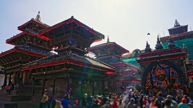Early morning at Kathmandu Durbar Square with historic temples, shrines, idols, and worshiping, Nepal