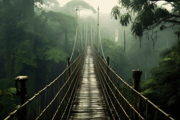 Puente colgante de madera en un día con mucha niebla