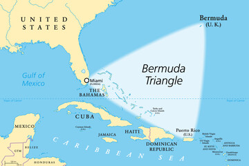 The Bermuda Triangle or Devils Triangle, political map. Region in the North Atlantic Ocean between Bermuda, Miami and Puerto Rico, where aircrafts and ships disappeared under mysterious circumstances.