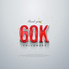 Thank you 60k followers, red numbers design on a white background.