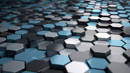 Abstract metallic hexagon background in black and blue. Generative ai illustration