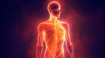 Human body with glowing neurons visualization concept. Generative AI illustration