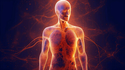 Human body with glowing neurons visualization concept. Generative AI illustration