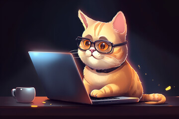 Cute smart cat programmer working at night on a laptop. Illustration of a red pet in glasses typing on a computer keyboard. Generative AI