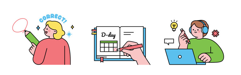 Education. Students studying hard and taking exams. Students grading exam questions, checking schedules, and taking online lectures.