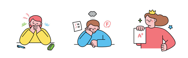 Education. Students studying hard and taking exams. Students praying. Students with grades of F and A plus.